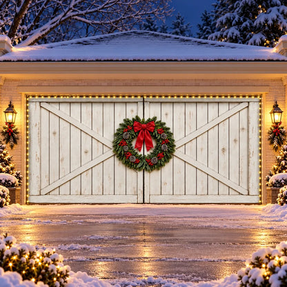 Illustrative Farmhouse Christmas cover preview, double-width door, with optional string lights.