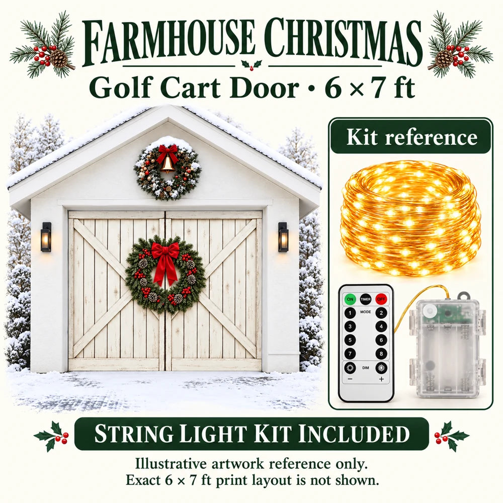 Illustrative Farmhouse Christmas artwork reference for Golf Cart Door 6 x 7 ft with string light kit. Exact 6 x 7 ft print layout is not shown.