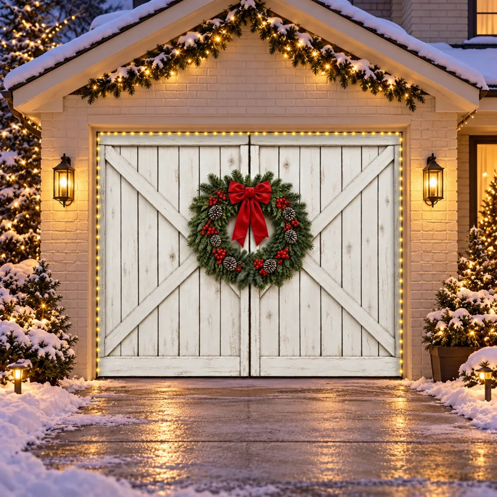 Illustrative Farmhouse Christmas single-door cover preview with optional warm-white string lights.