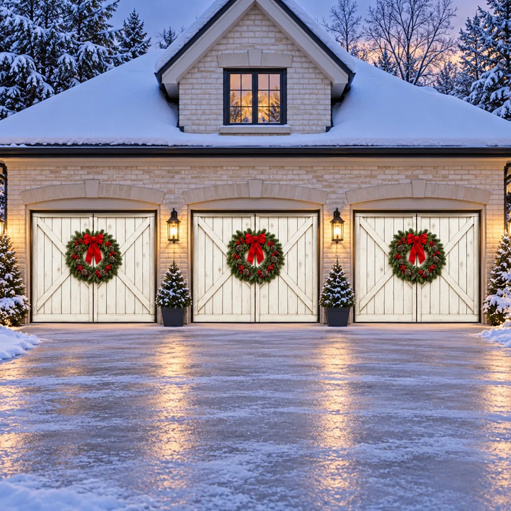 Illustrative Farmhouse Christmas cover preview, three single doors, without optional string lights.
