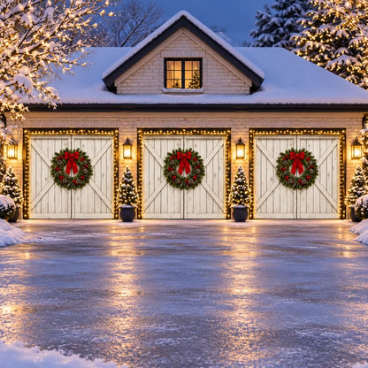 Illustrative Farmhouse Christmas cover preview, three single doors, with optional string lights.