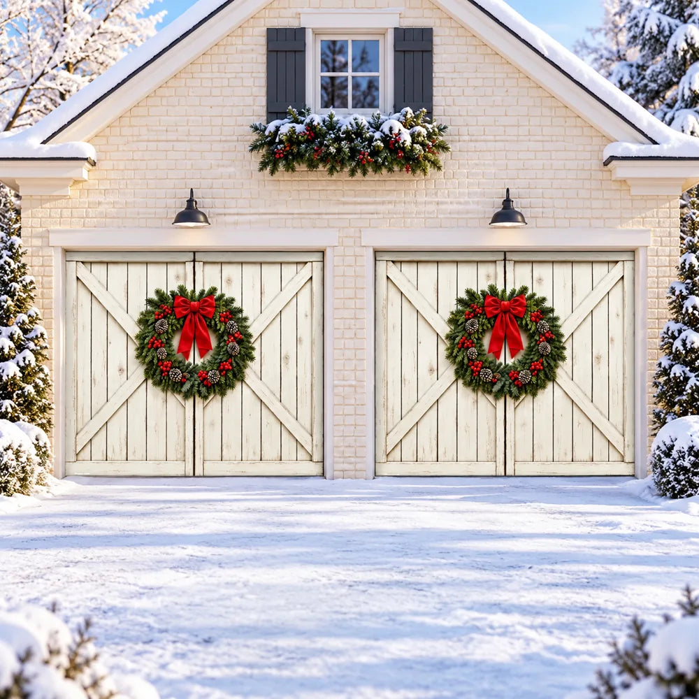Illustrative Farmhouse Christmas cover preview, two separate single doors, without optional string lights.
