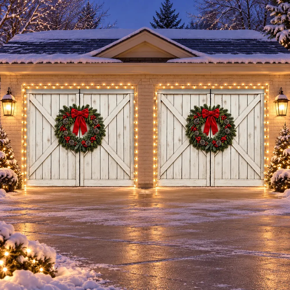 Illustrative Farmhouse Christmas cover preview, two separate single doors, with optional string lights.