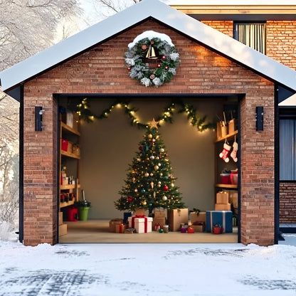 Illustrative Festive Garage Christmas garage door cover showing a decorated Christmas tree and presents, single-door view.