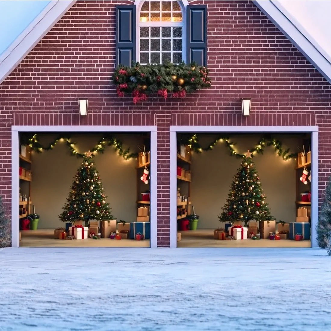 Illustrative Festive Garage Christmas garage door cover showing a decorated Christmas tree and presents across two separate garage doors.