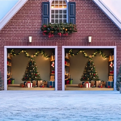 Illustrative Festive Garage Christmas garage door cover showing a decorated Christmas tree and presents across two separate garage doors.