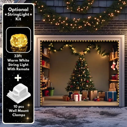 Illustrative Festive Garage Christmas garage door cover showing a decorated Christmas tree and presents, single-door view with optional string lights.