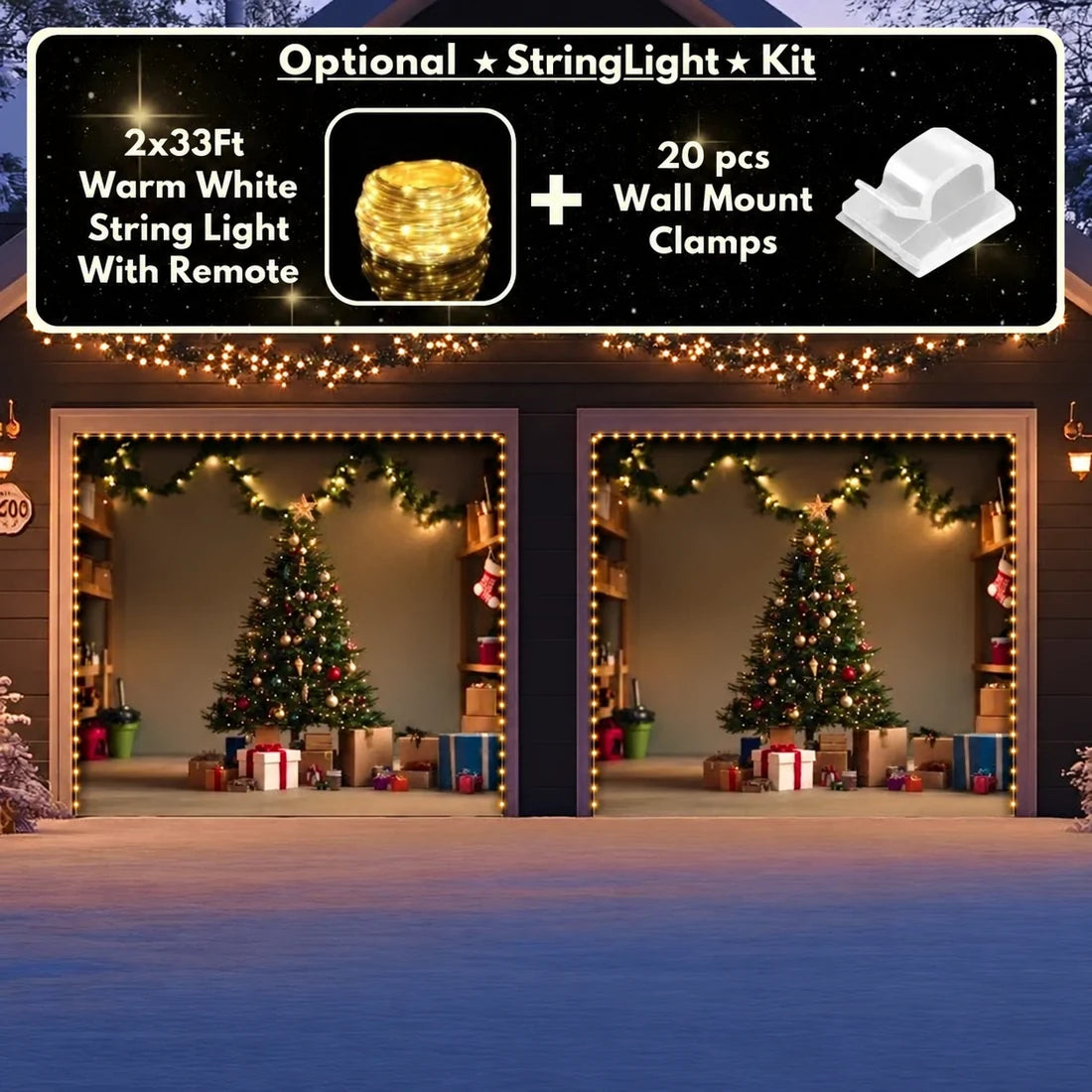 Illustrative Festive Garage Christmas garage door cover showing a decorated Christmas tree and presents, two-door layout with optional string lights.