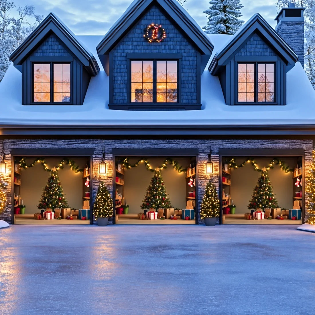 Illustrative Festive Garage Christmas garage door cover showing a decorated Christmas tree and presents, three-door layout.