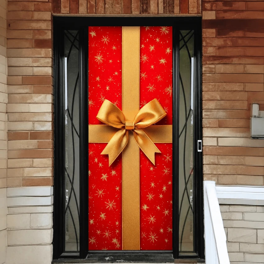 Gift Wrap Christmas front door cover on a brick entrance.