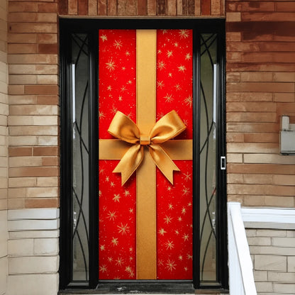 Gift Wrap Christmas front door cover on a brick entrance.