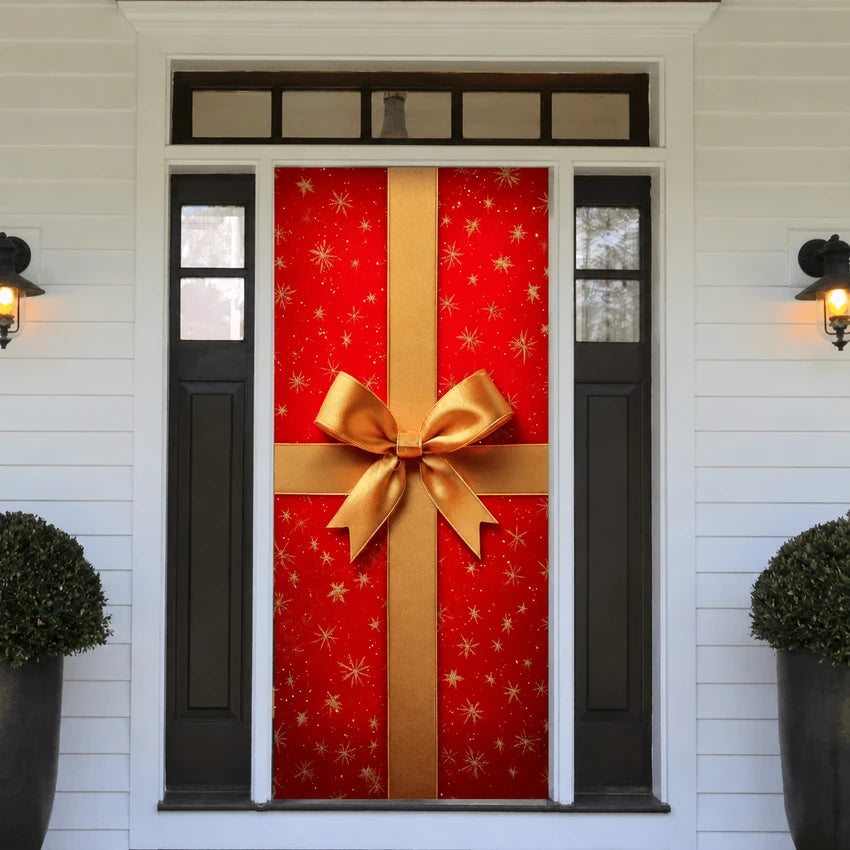 Gift Wrap Christmas front door cover on a light-colored entrance.