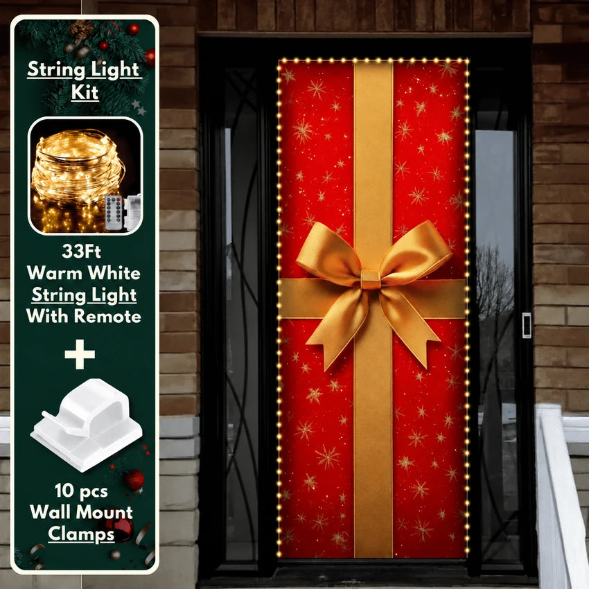 Gift Wrap Christmas front door cover on a brick entrance with optional string light kit illustrated.