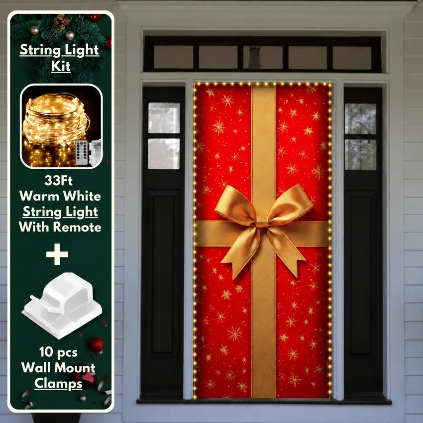 Gift Wrap Christmas front door cover on a light-colored entrance with optional string light kit illustrated.