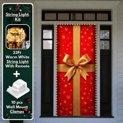Gift Wrap Christmas front door cover on a light-colored entrance with optional string light kit illustrated.