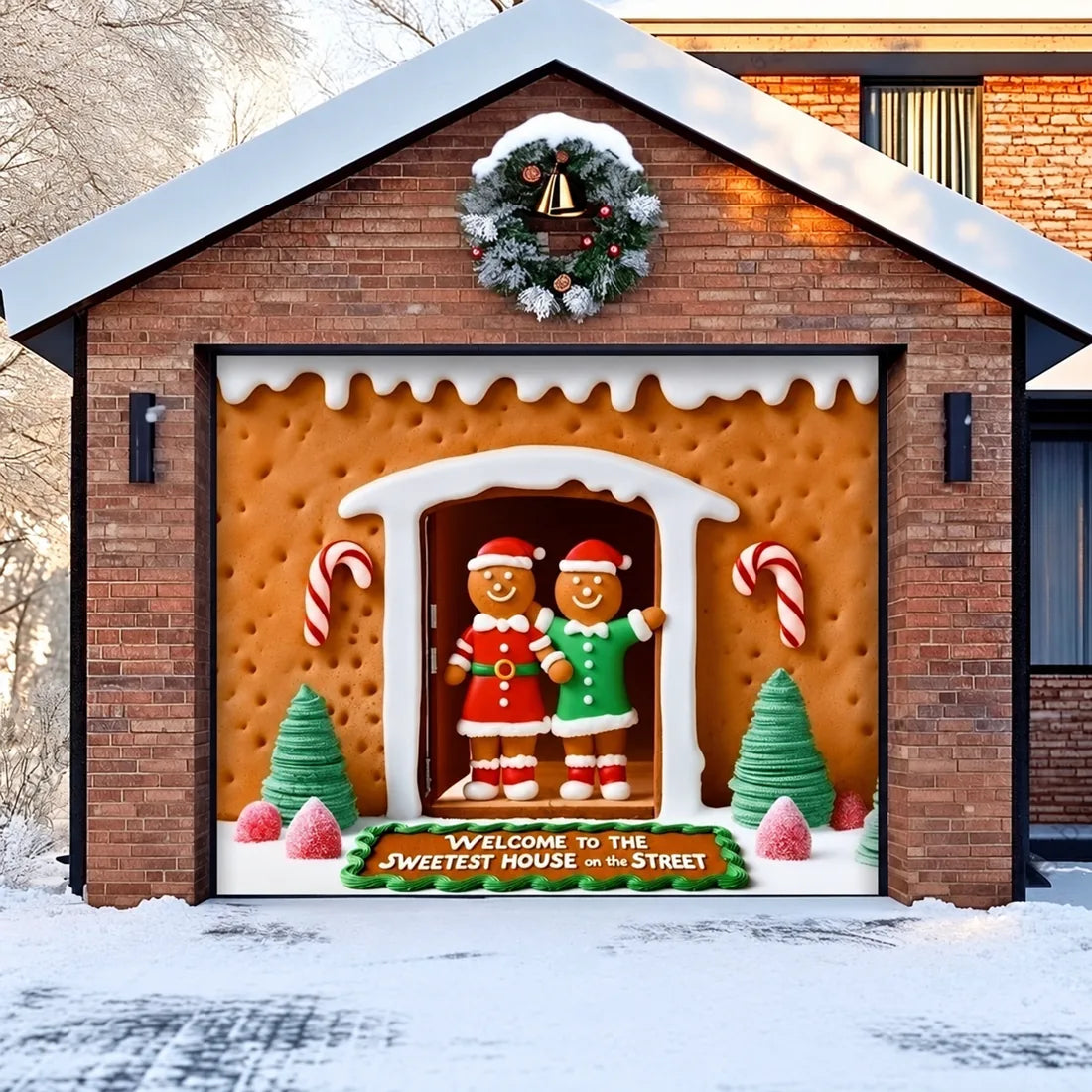 Illustrative Gingerbread Family garage door cover single-door design