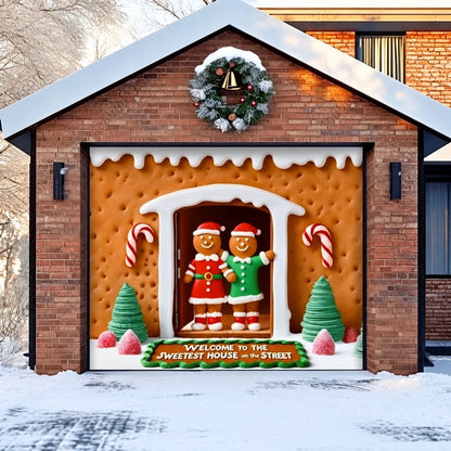 Illustrative Gingerbread Family garage door cover single-door design