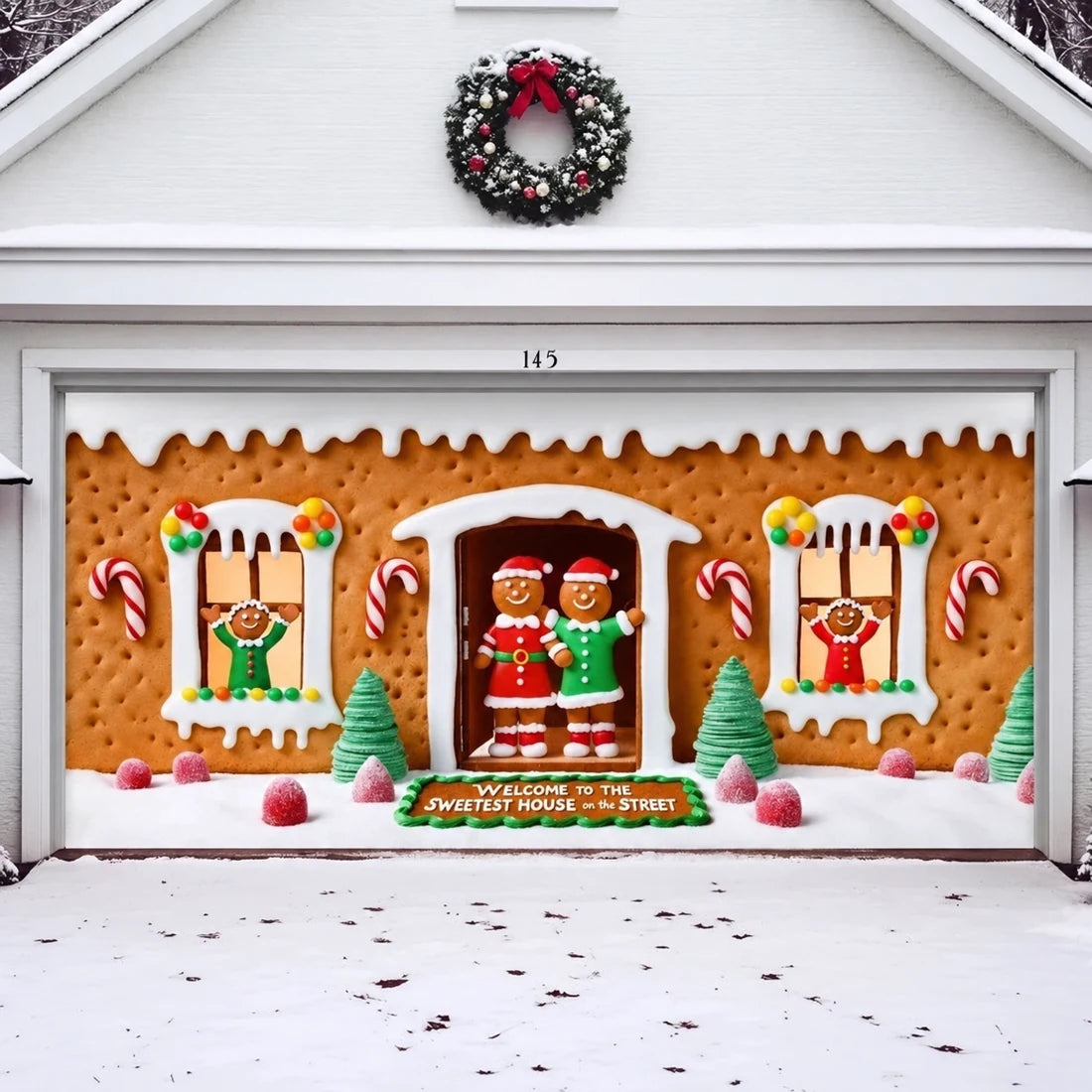 Illustrative Gingerbread Family garage door cover double-door design