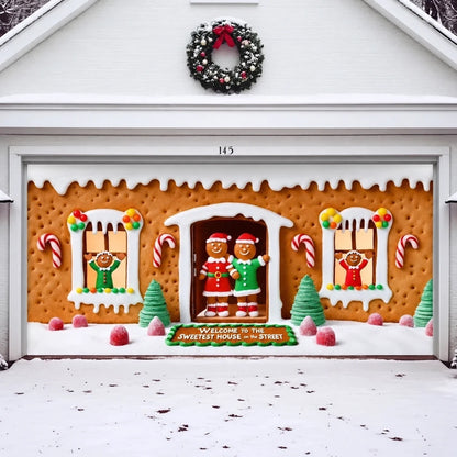 Illustrative Gingerbread Family garage door cover double-door design