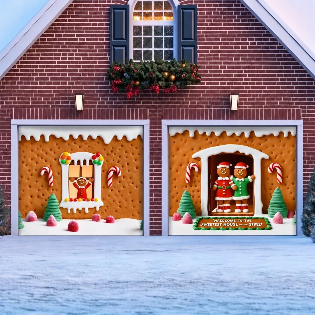 Illustrative Gingerbread Family garage door cover two single-door layout