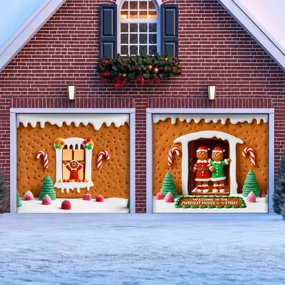 Illustrative Gingerbread Family garage door cover two single-door layout