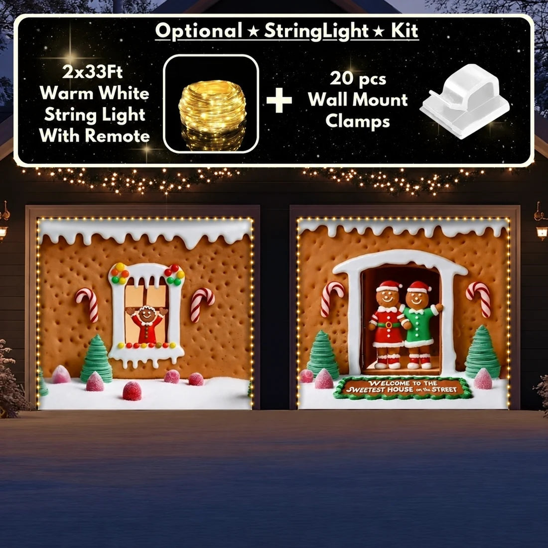 Illustrative Gingerbread Family garage door cover two single-door layout with optional light kit