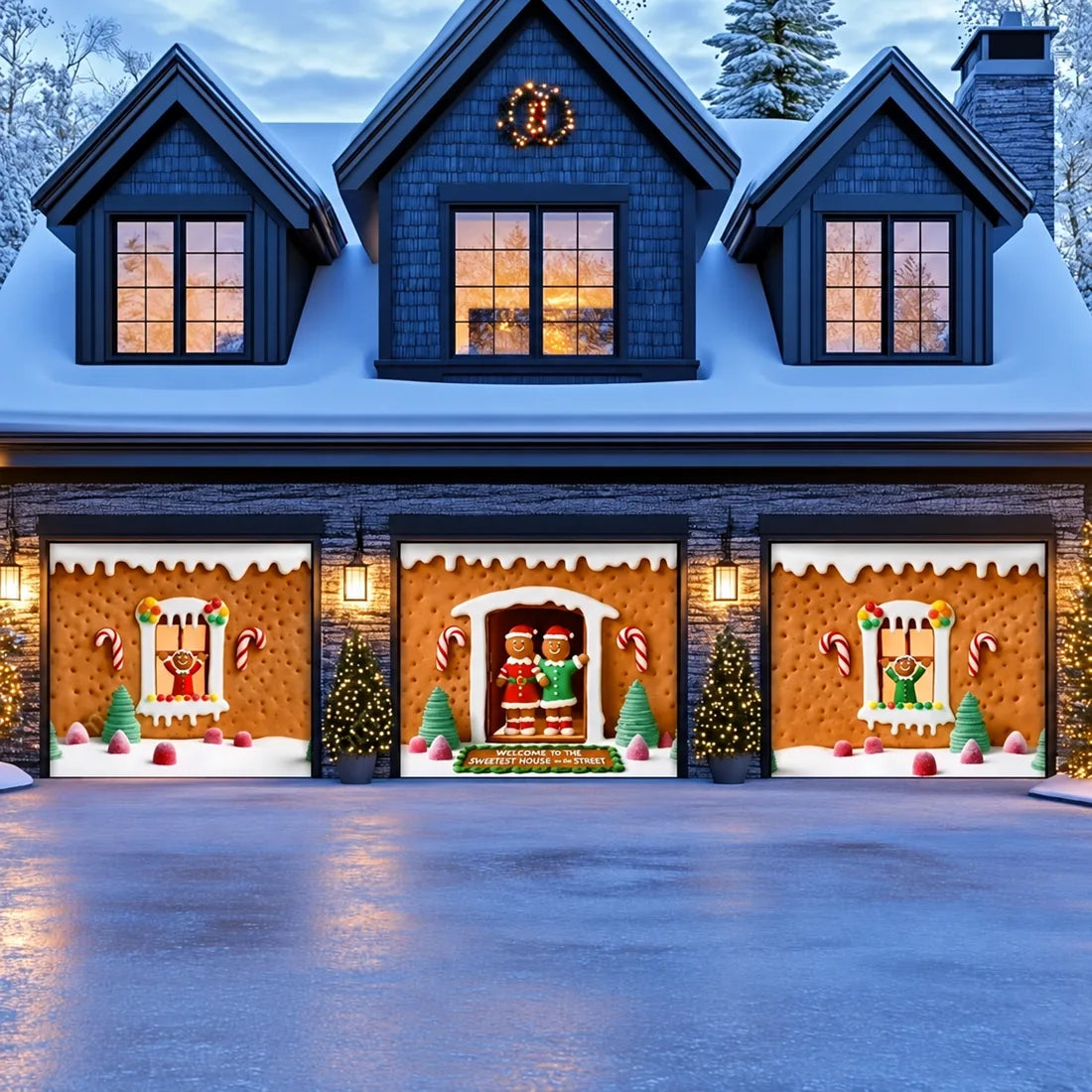 Illustrative Gingerbread Family garage door cover three single-door layout