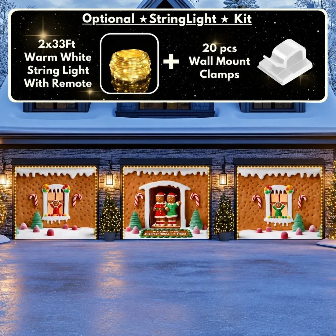 Illustrative Gingerbread Family garage door cover three single-door layout with optional light kit