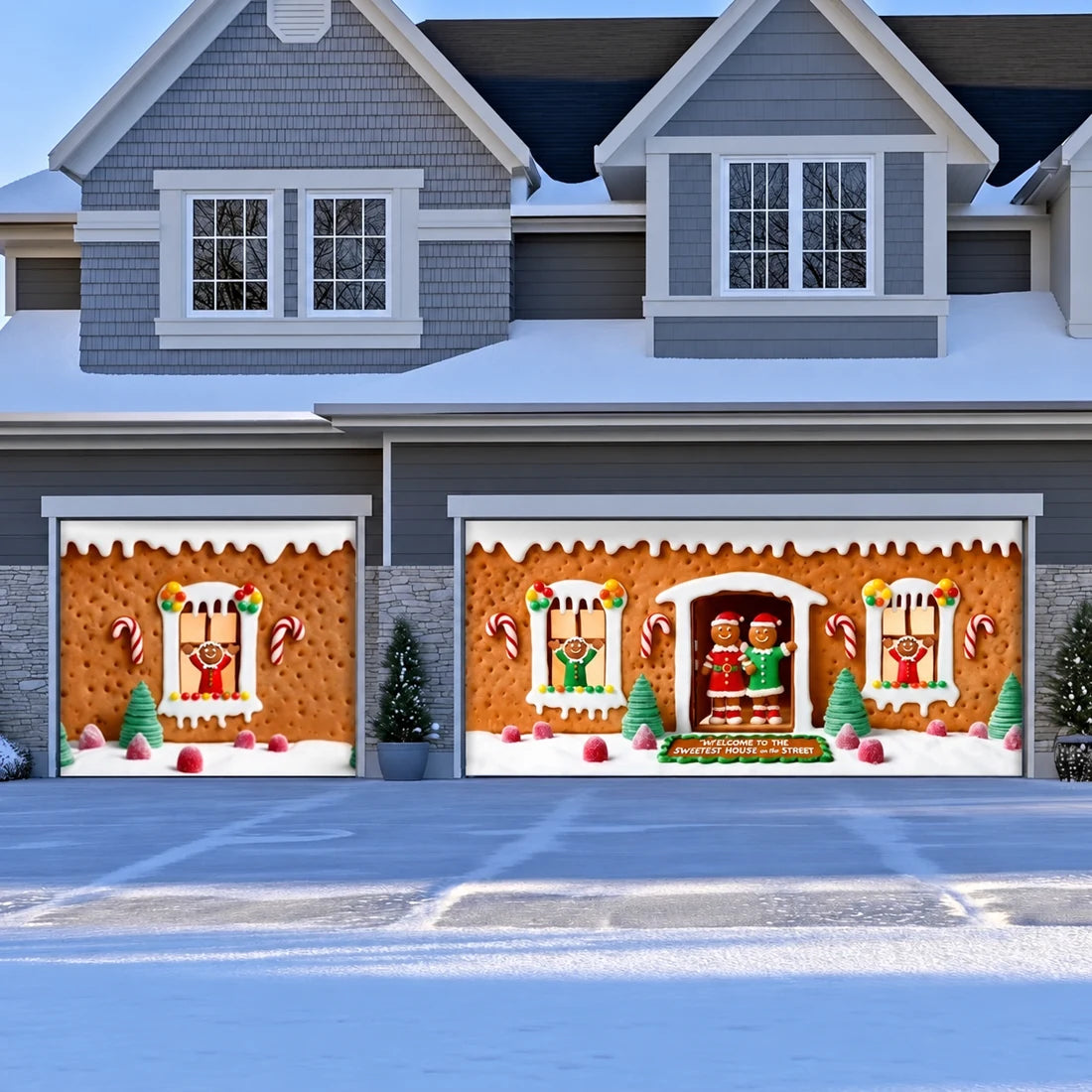 Illustrative Gingerbread Family garage door cover single and double-door layout