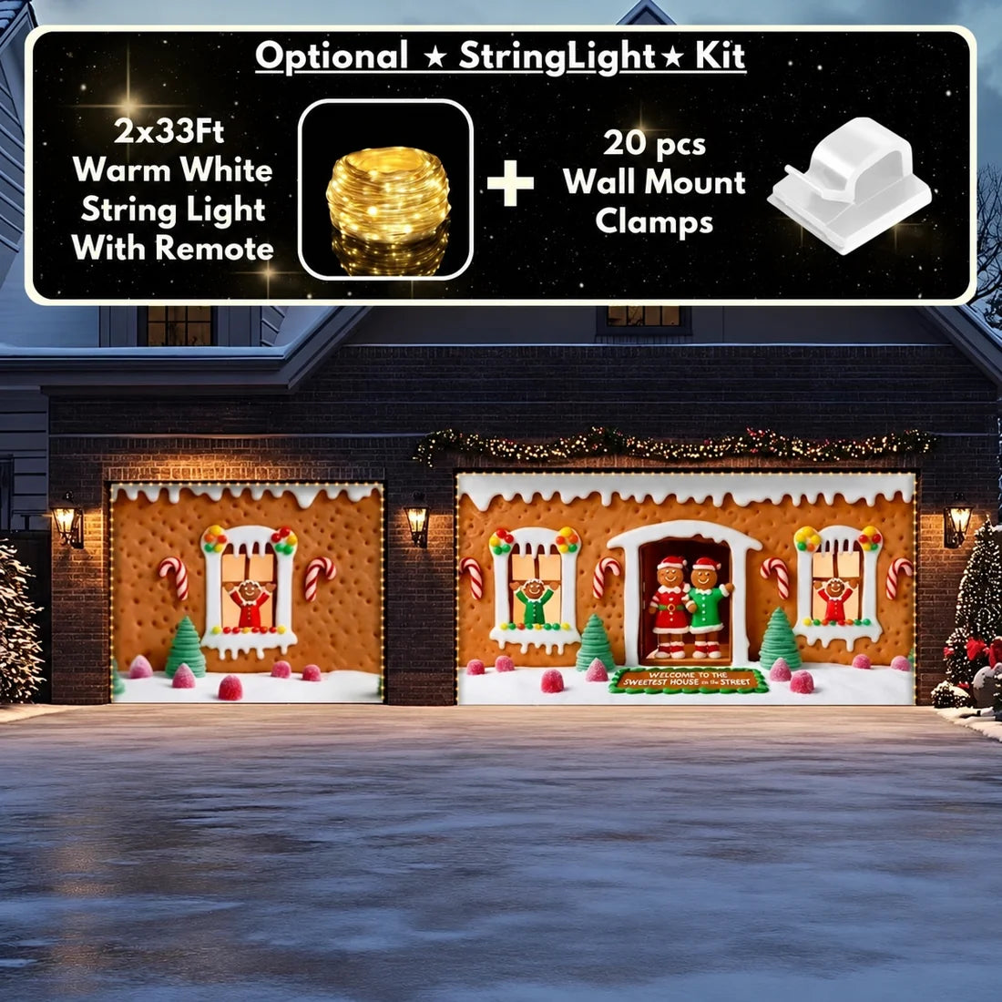 Illustrative Gingerbread Family garage door cover single and double-door layout with optional light kit