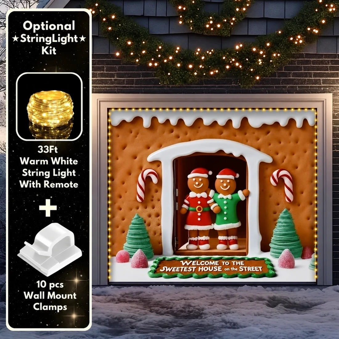 Illustrative Gingerbread Family garage door cover single-door design with optional light kit