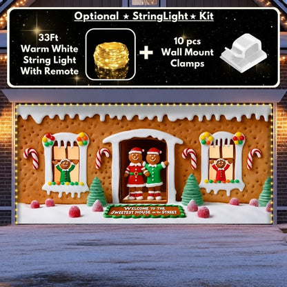 Illustrative Gingerbread Family garage door cover double-door design with optional light kit