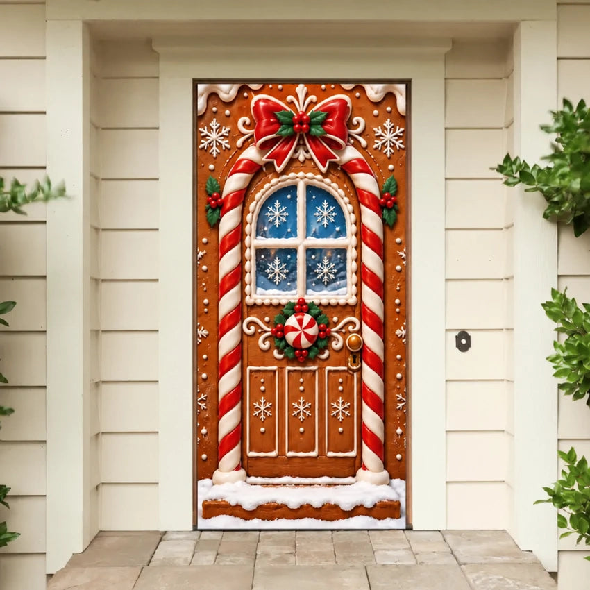 Gingerbread Christmas front door cover on a light-colored entrance.