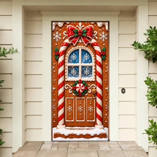 Gingerbread Christmas front door cover on a light-colored entrance.