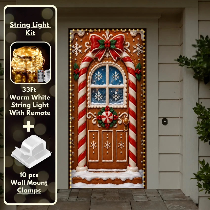 Gingerbread Christmas front door cover on a light-colored entrance with optional string light kit illustrated.