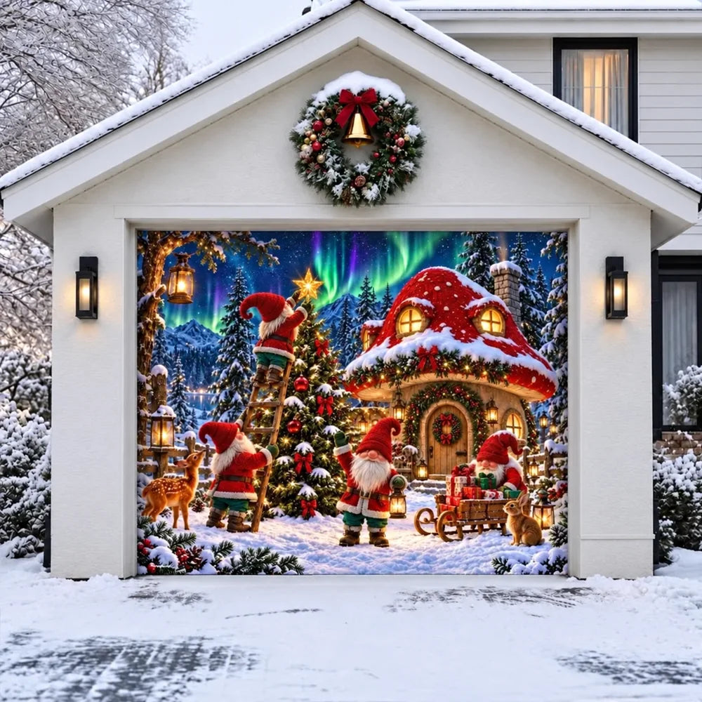 Illustrative Gnome Wonderland Christmas garage door cover shown on a single garage door
