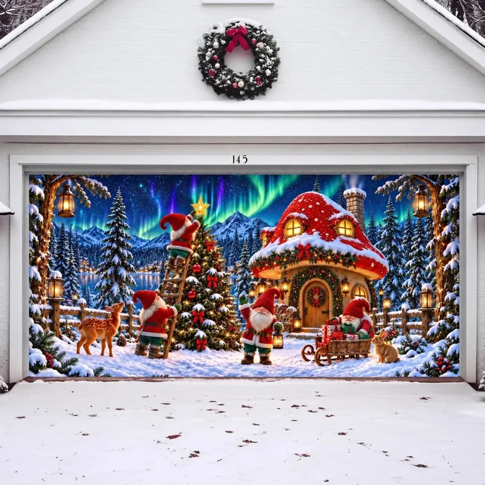 Illustrative Gnome Wonderland Christmas garage door cover shown on a wide garage door