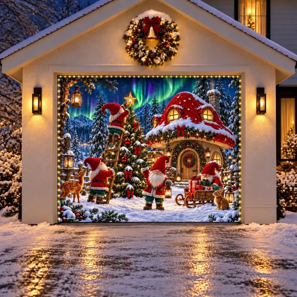 Illustrative Gnome Wonderland Christmas garage door cover shown on a single garage door with the optional string light kit