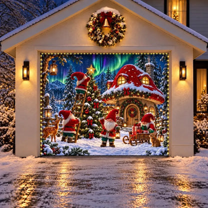 Illustrative Gnome Wonderland Christmas garage door cover shown on a single garage door with the optional string light kit