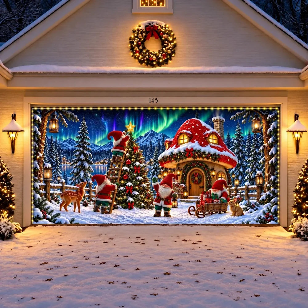 Illustrative Gnome Wonderland Christmas garage door cover shown on a wide garage door with the optional string light kit