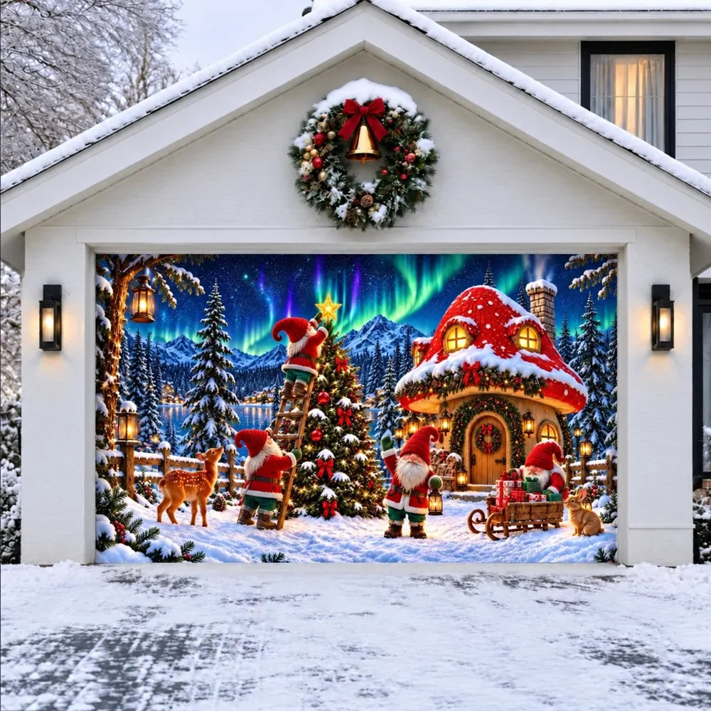 Illustrative Gnome Wonderland Christmas garage door cover shown on a wide garage door