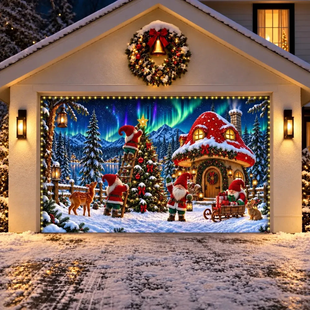Illustrative Gnome Wonderland Christmas garage door cover shown on a wide garage door with the optional string light kit