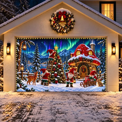 Illustrative Gnome Wonderland Christmas garage door cover shown on a wide garage door with the optional string light kit