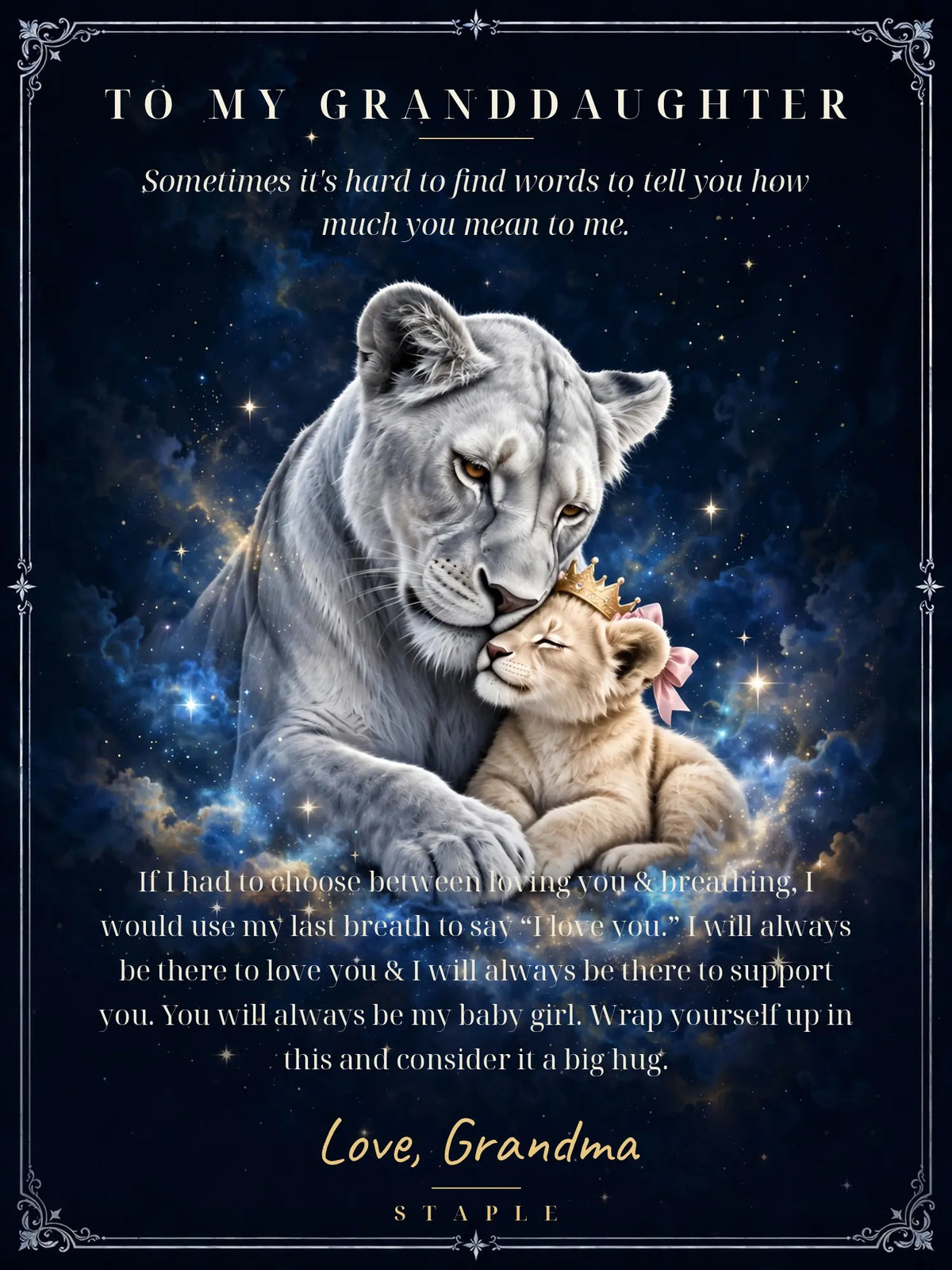 Flat artwork preview: To My Granddaughter lion blanket with silver lioness, crowned cub with pink bow, navy stars and Love, Grandma message.
