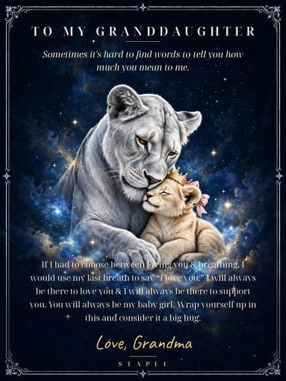 Flat artwork preview: To My Granddaughter lion blanket with silver lioness, crowned cub with pink bow, navy stars and Love, Grandma message.