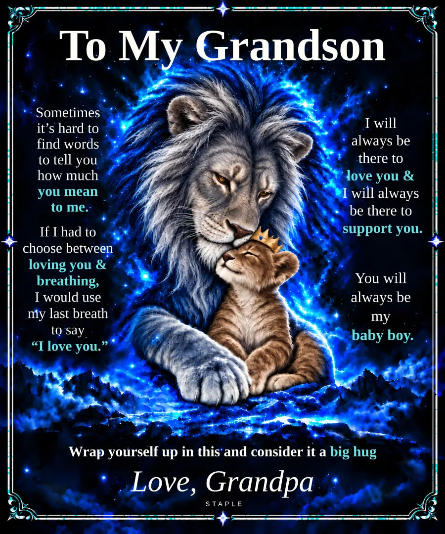 Flat design preview: To My Grandson lion blanket, Caramel Cub, with the Love, Grandpa message.