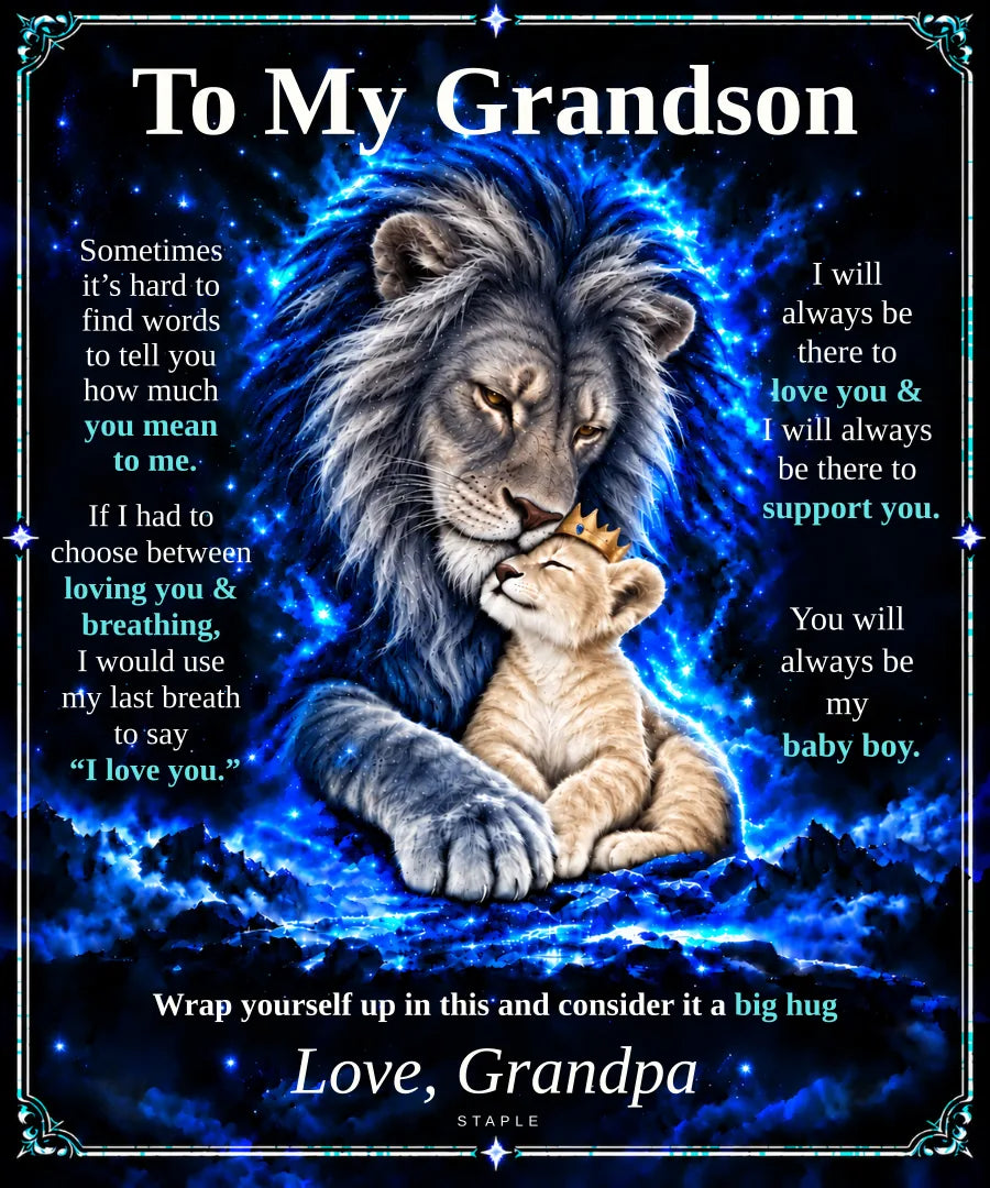 Flat design preview: To My Grandson lion blanket, Champagne Cub, with the Love, Grandpa message.