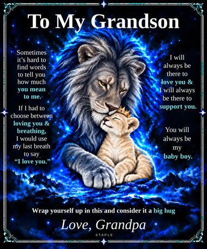 Flat design preview: To My Grandson lion blanket, Champagne Cub, with the Love, Grandpa message.