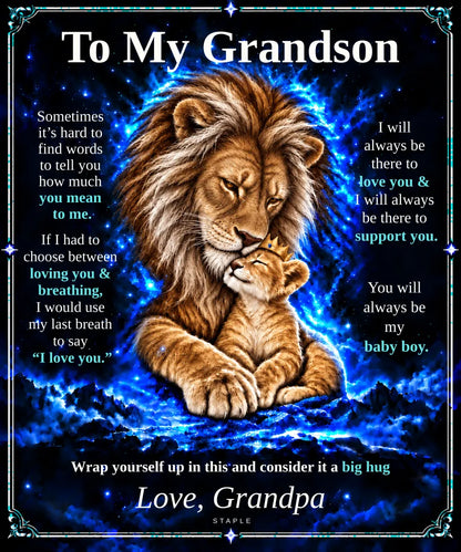 Flat design preview: To My Grandson lion blanket, Golden Grandpa & Honey Cub, with the Love, Grandpa message.