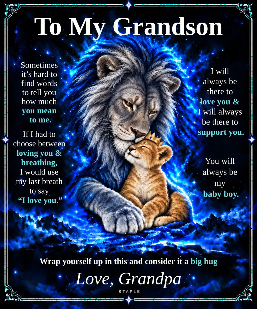 Flat design preview: To My Grandson lion blanket, Honey Gold Cub, with the Love, Grandpa message.